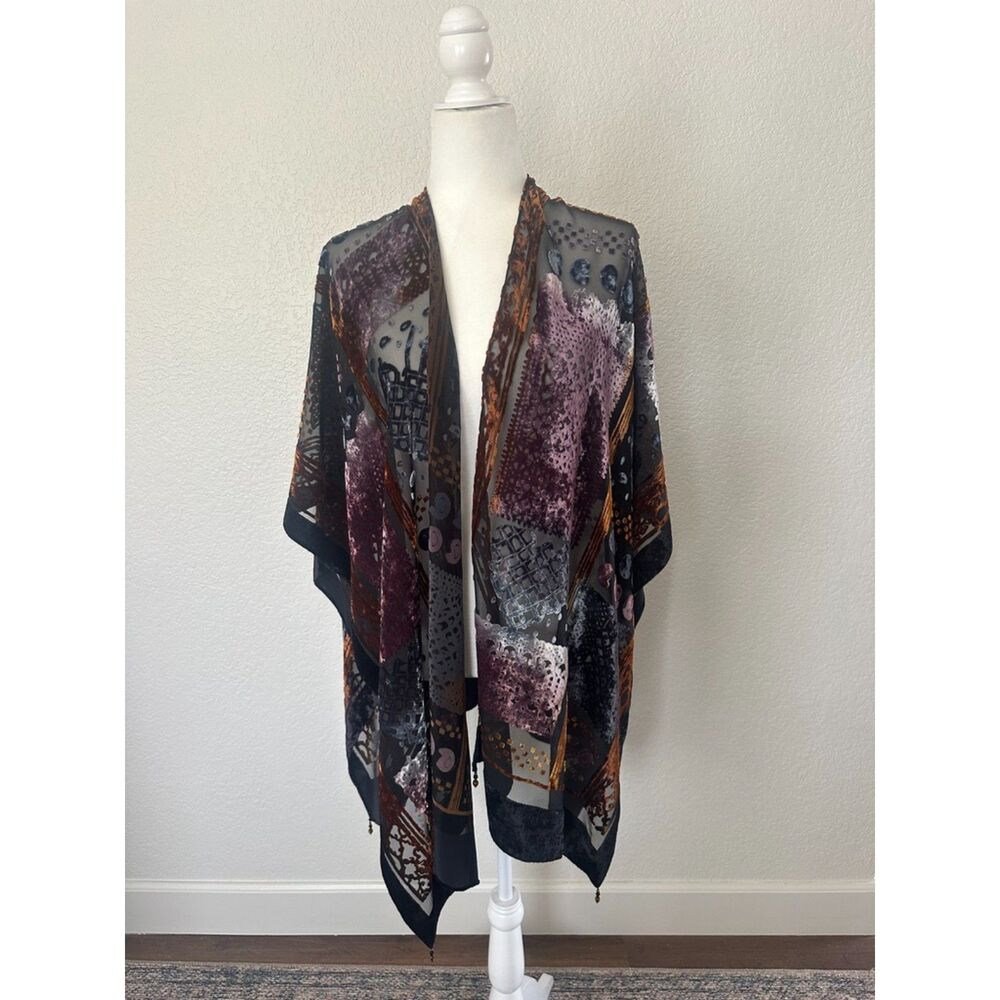 Kay Unger Velvey Burnout Kimono Wrap Sheer Mesh Beaded Tassels Abstract